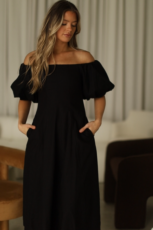 Serenity Off-The-Shoulder Midi Dress in Black