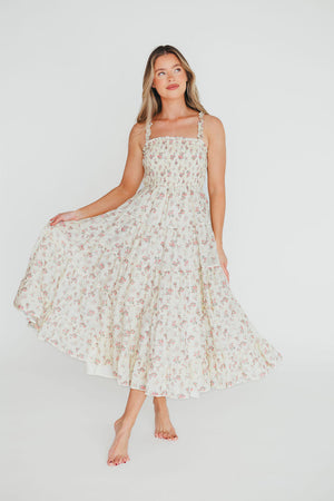 Ryan Ruffle Midi Dress with Embroidered Detail in Cream/Pink Floral
