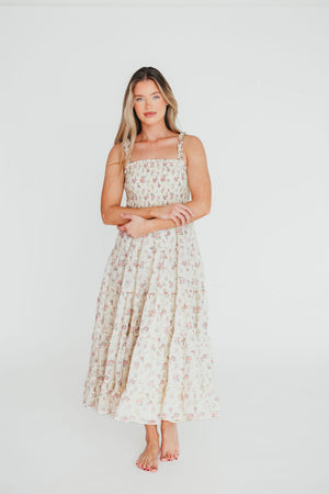 Ryan Ruffle Midi Dress with Embroidered Detail in Cream/Pink Floral
