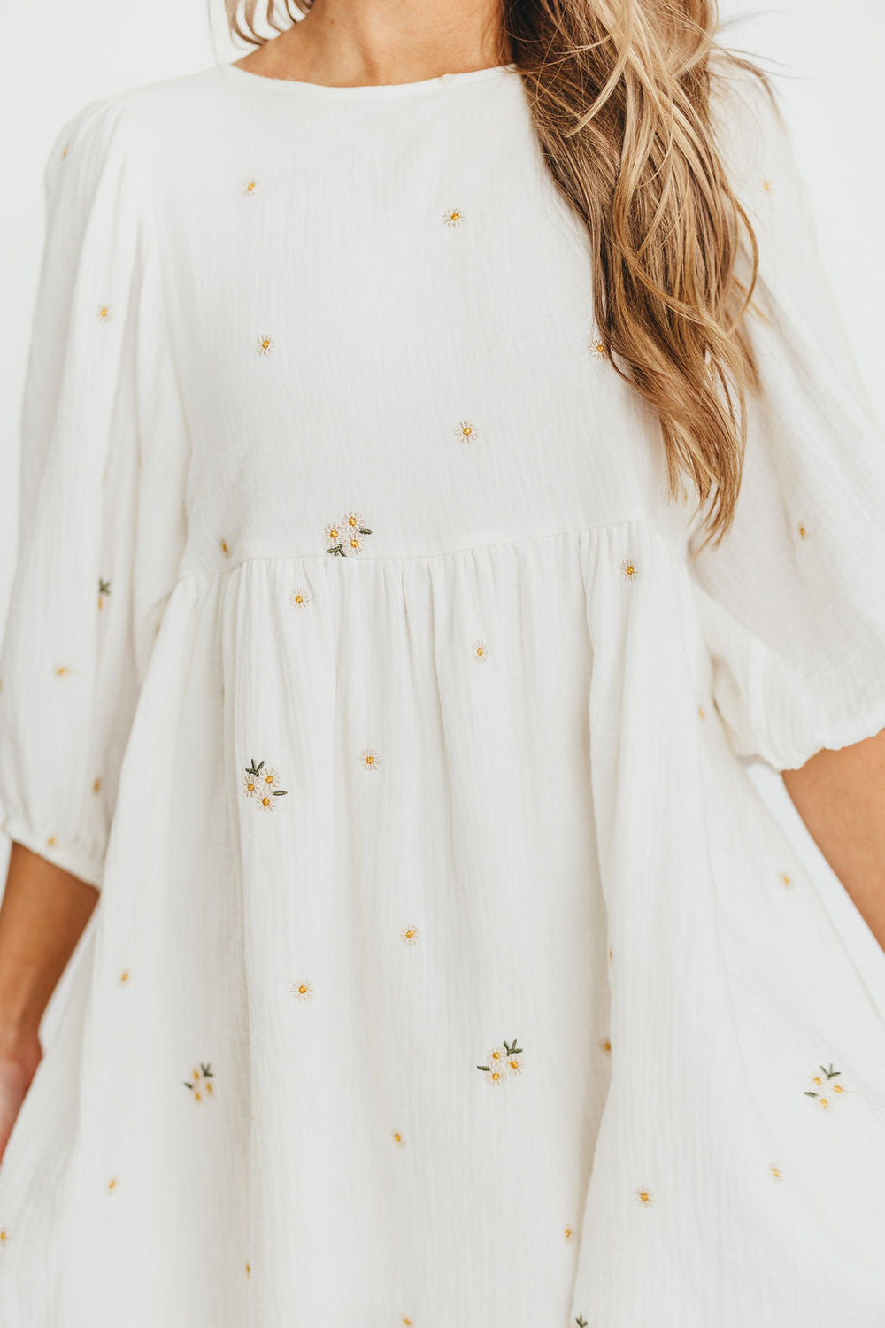 Reagan 100% Cotton Embroidered Floral Babydoll Dress in Ivory