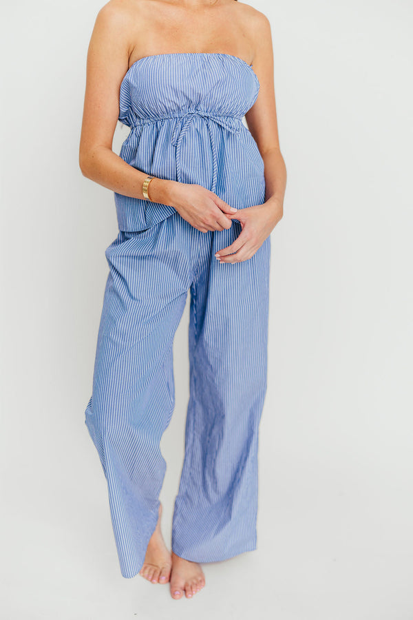 Shelly 100% Cotton Tube Top and Pants Set in Blue Stripe
