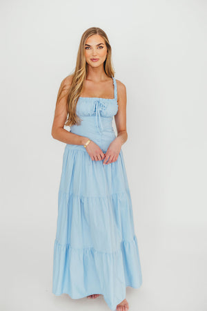 Sutton Corset Button Down Tiered Maxi Dress in Light Blue