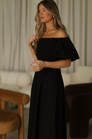 Serenity Off-The-Shoulder Midi Dress in Black