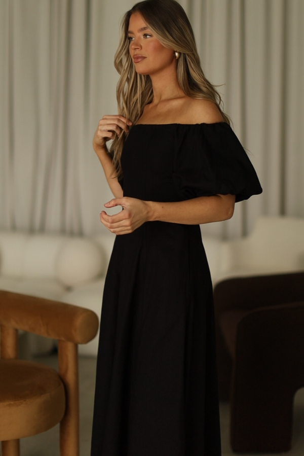 Serenity Off-The-Shoulder Midi Dress in Black