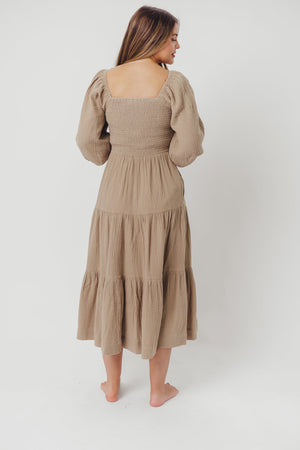 Taylor Cotton Smocked Midi Dress with Tiered Skirt in Pumice - Inclusive Sizing