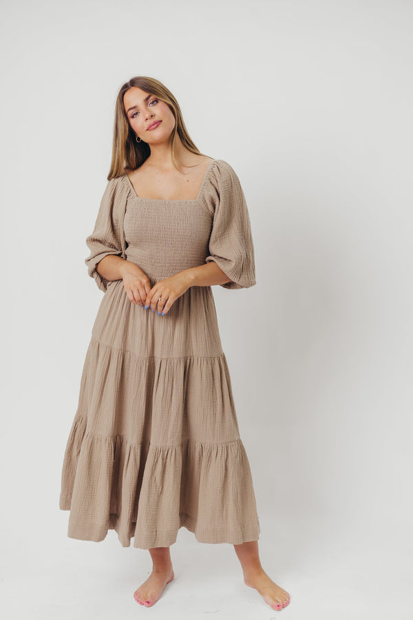 Taylor Cotton Smocked Midi Dress with Tiered Skirt in Pumice - Inclusive Sizing