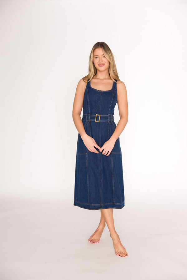 Samantha Belted Midi Dress in Denim