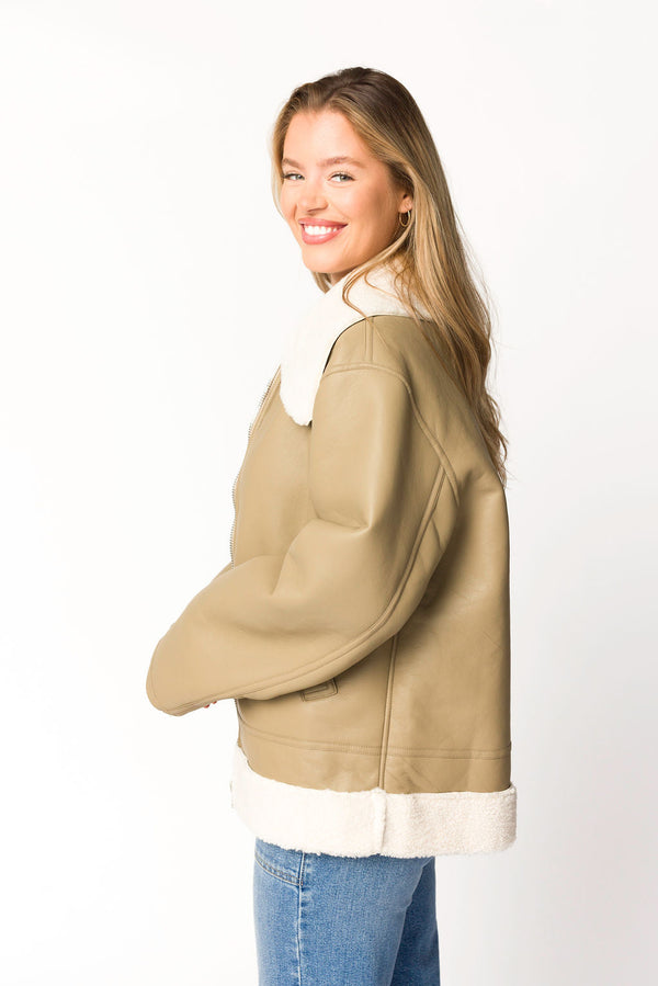 Sammy Vegan Leather and Shearling Jacket in Sandstone