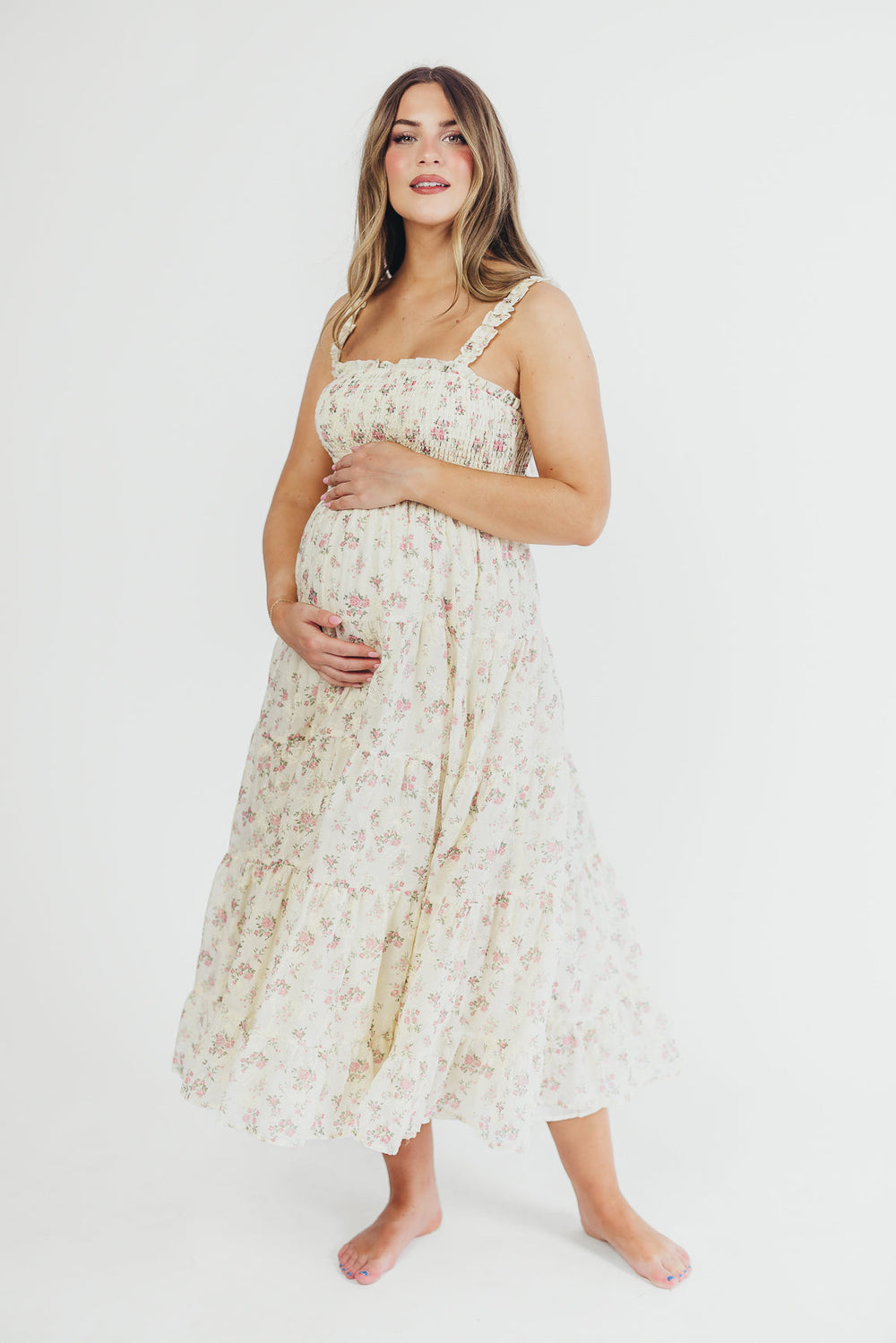 Ryan Ruffle Midi Dress with Embroidered Detail in Cream/Pink Floral
