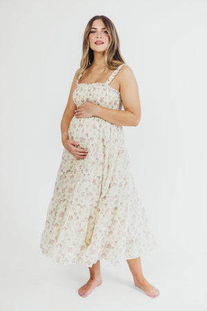 Ryan Ruffle Midi Dress with Embroidered Detail in Cream/Pink Floral