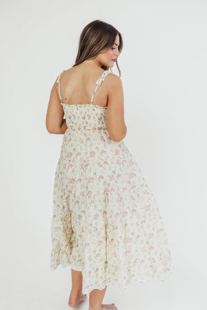 Ryan Ruffle Midi Dress with Embroidered Detail in Cream/Pink Floral
