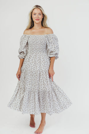 Taylor Cotton Smocked Midi Dress with Tiered Skirt in Off-White (XS-XL)