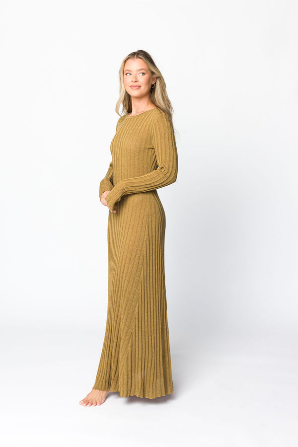 Serena Ribbed Knit Maxi Dress in Brown