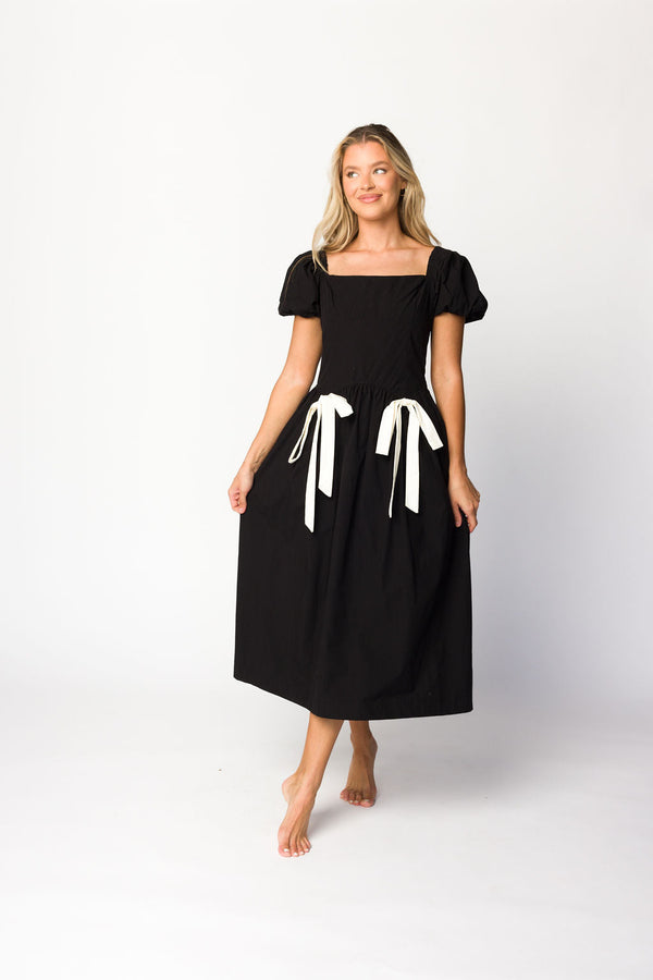 Ruby Midi Dress with Bow Detail in Black